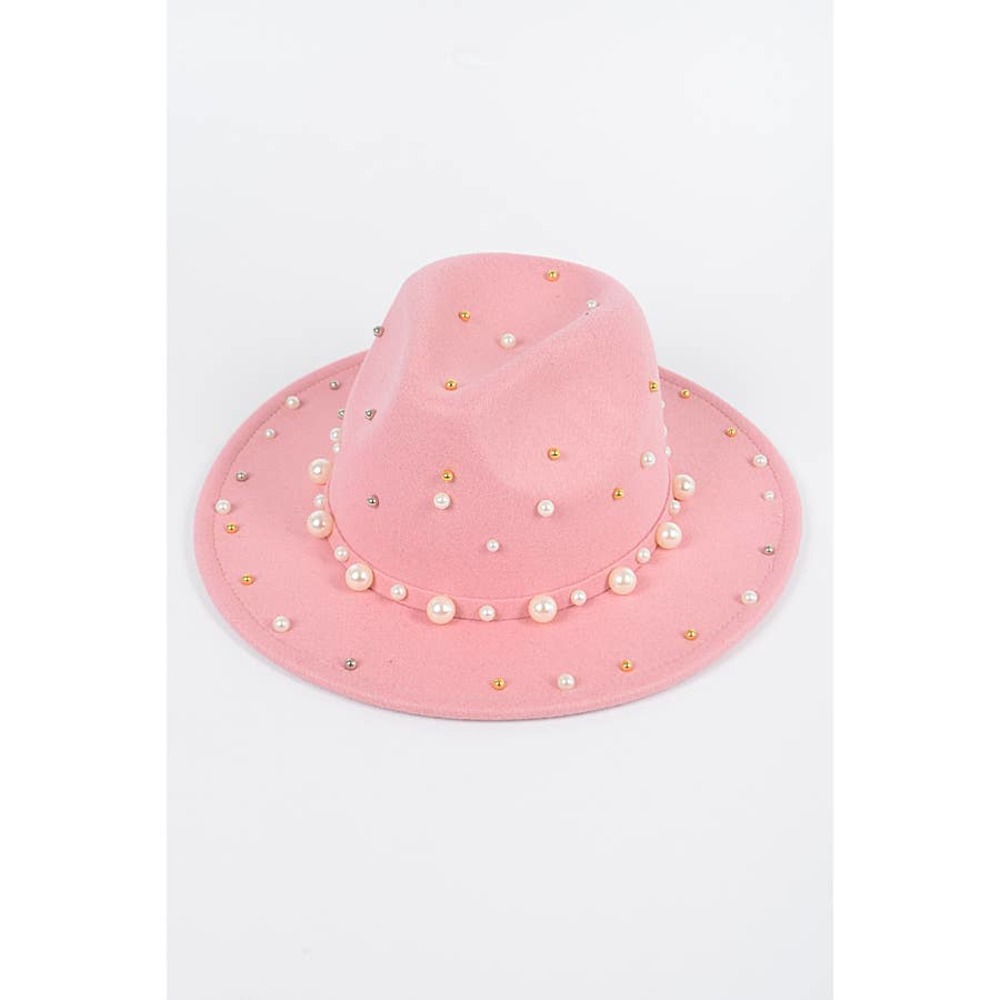 Pink Fedora Hat With Pearls and Metal